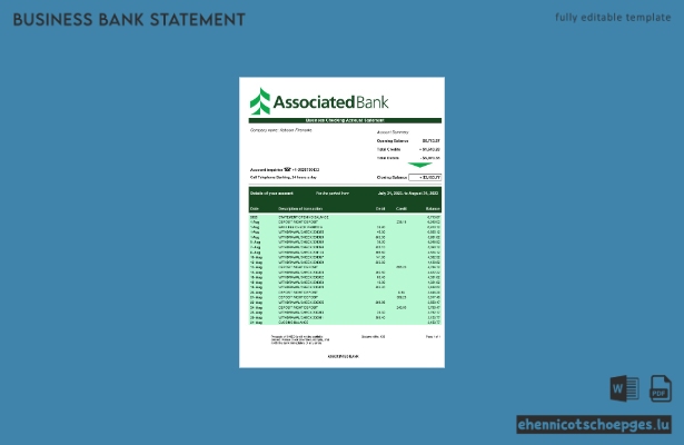 Beispielansicht eines Geschäftskontoauszugs der Associated Bank (Word- und PDF-Format)